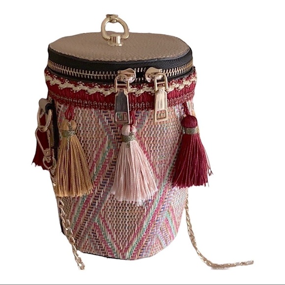 Cylindrical Woven Straw Bucket Crossbody Handbag/Shoul…Boho Chic Tassels - Picture 8 of 14